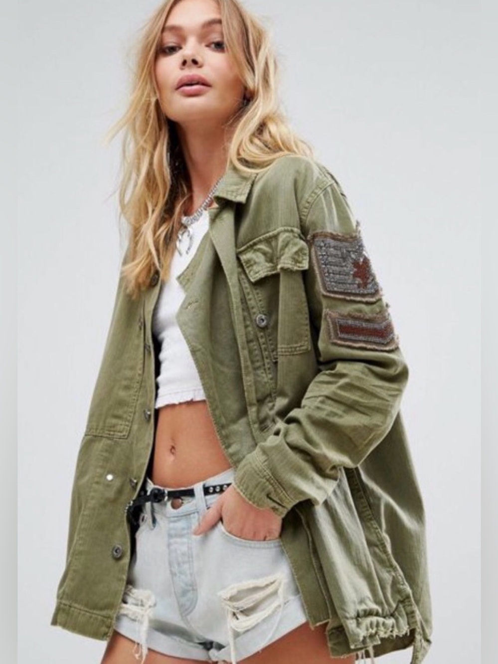 FREE PEOPLE Embellished Military Army Shirt Jacket sz Small